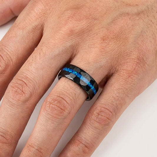 Black Hammered Tungsten Ring with Blue Opal Inlay