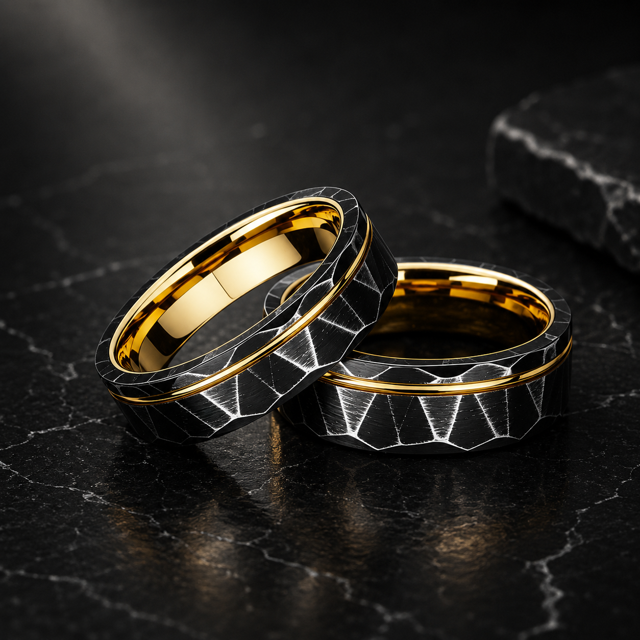 Black Hammered Tungsten Ring with Gold Groove