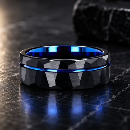 Black Hammered Tungsten Ring with Groove Line