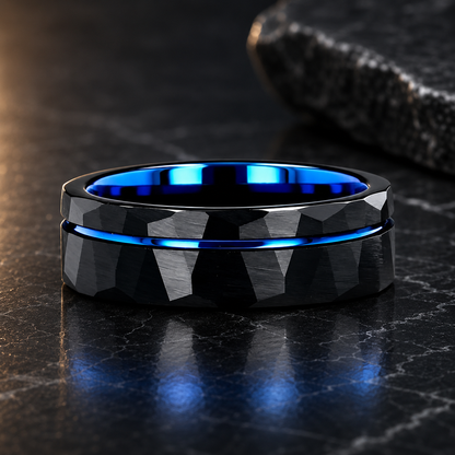 Black Hammered Tungsten Ring with Groove Line