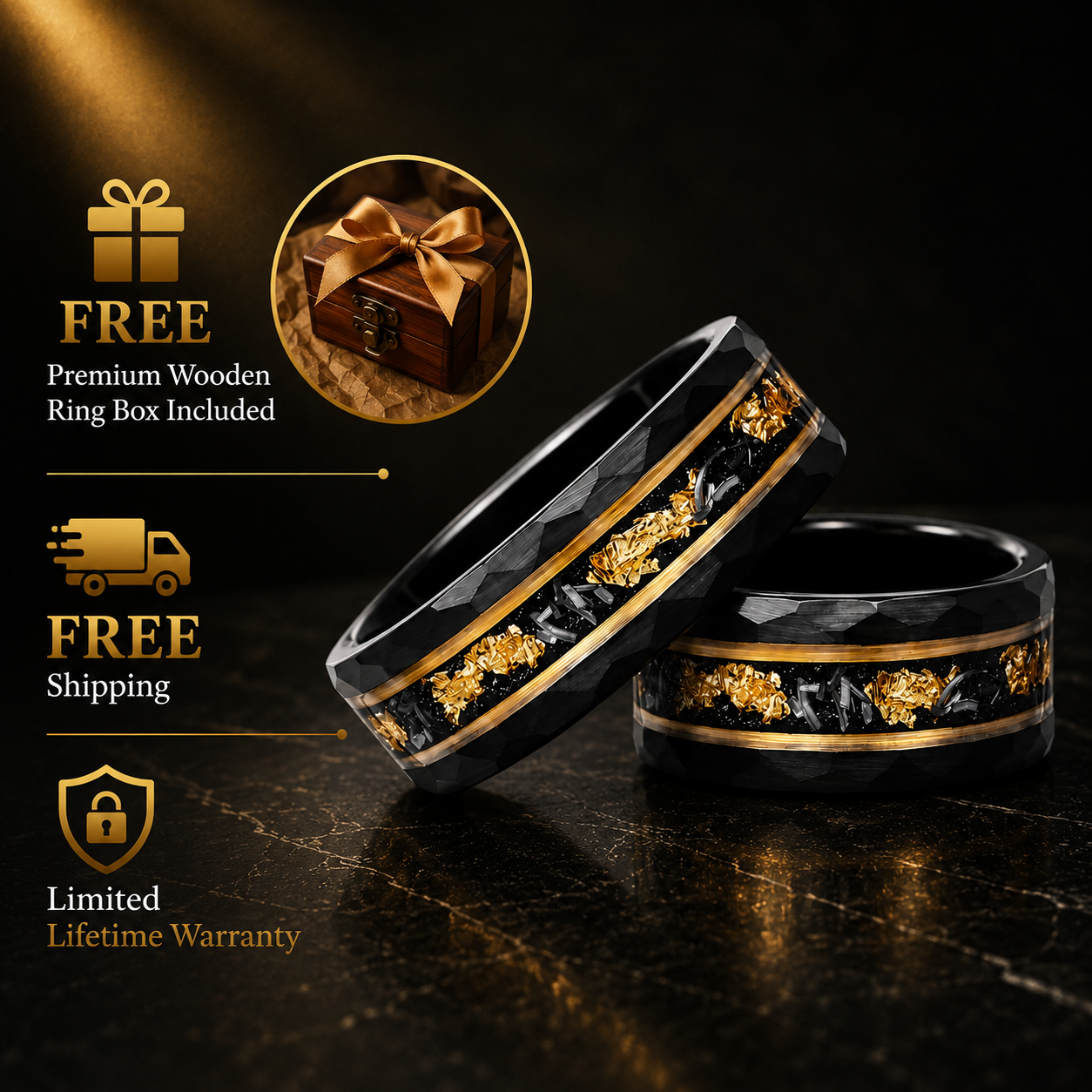 Black Hammered Tungsten Ring with Meteorite & Gold