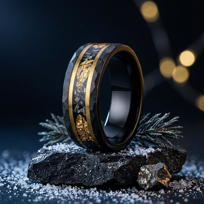 Black Hammered Tungsten Ring with Meteorite Inlay