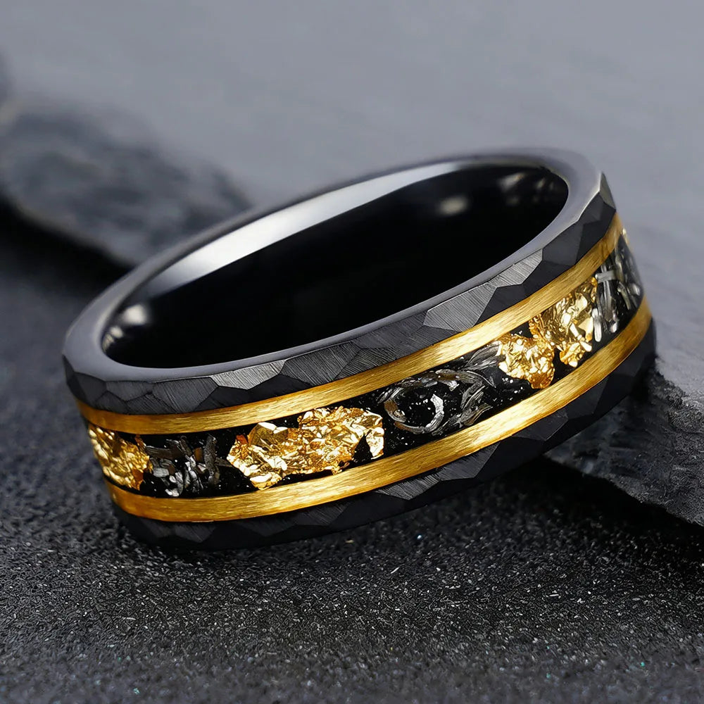 Black Hammered Tungsten Ring with Meteorite Inlay