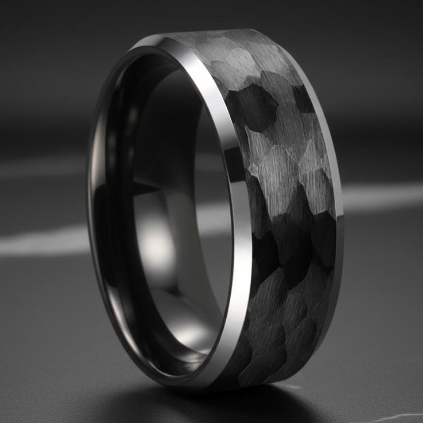 Black Hammered Men’s Ring - RealTungsten