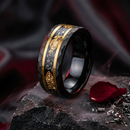 Black Hammered Tungsten Ring with Meteorite Style Inlay