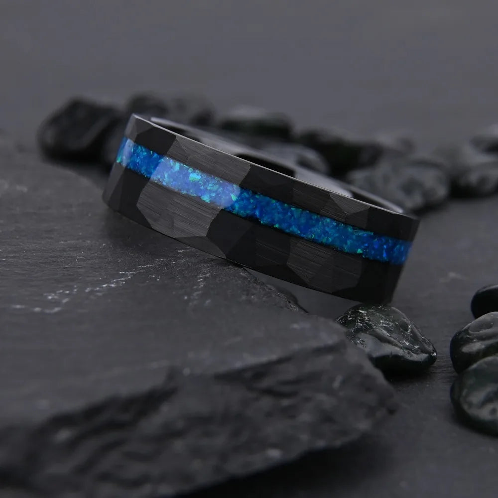Black Hammered Tungsten Ring with Blue Opal Inlay