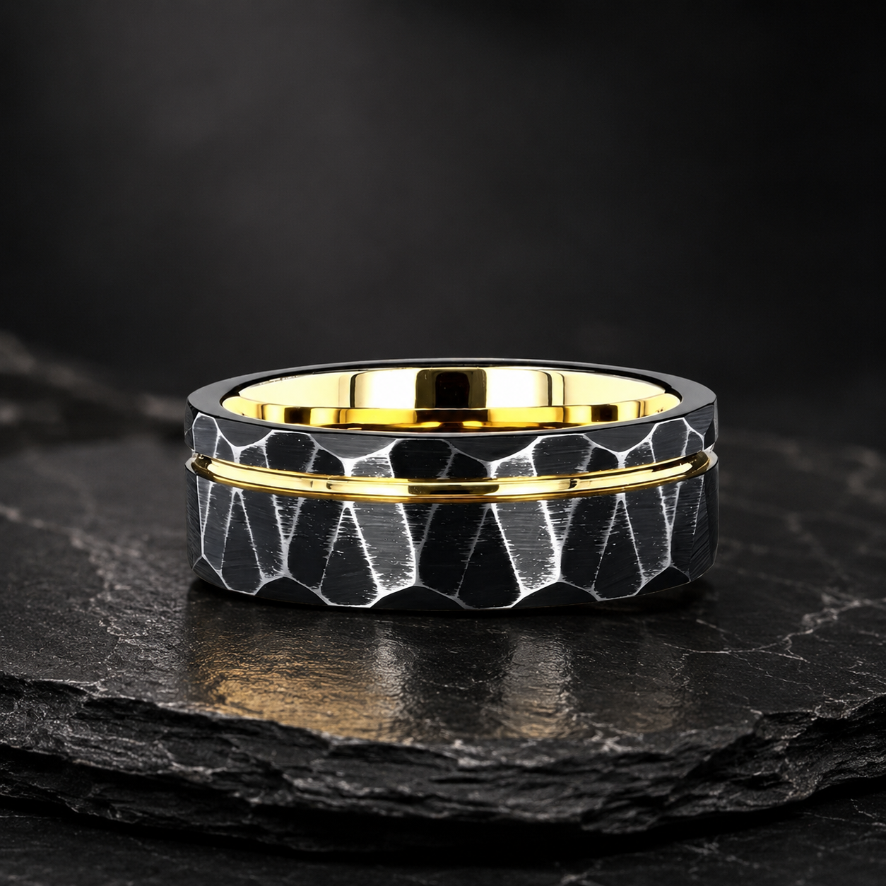 Black Hammered Tungsten Ring with Gold Groove