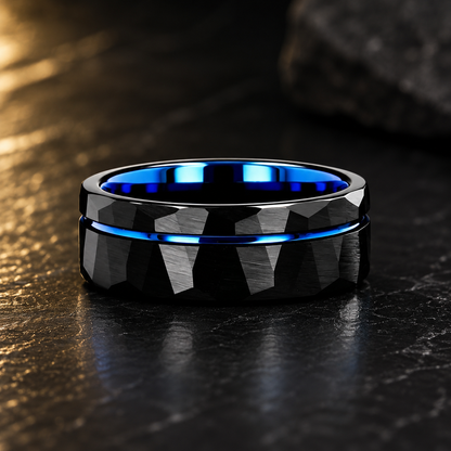 Black Hammered Tungsten Ring with Groove Line