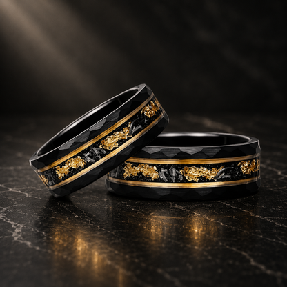 Black Hammered Tungsten Ring with Meteorite & Gold