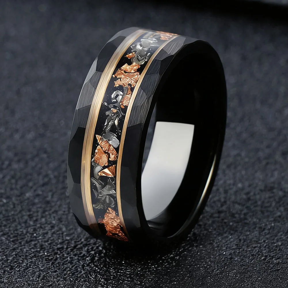 Black Hammered Tungsten Ring with Meteorite Inlay
