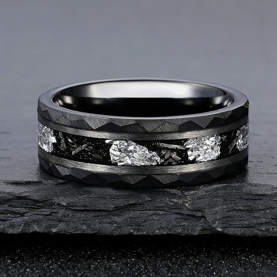 Black Hammered Tungsten Ring with Meteorite Inlay