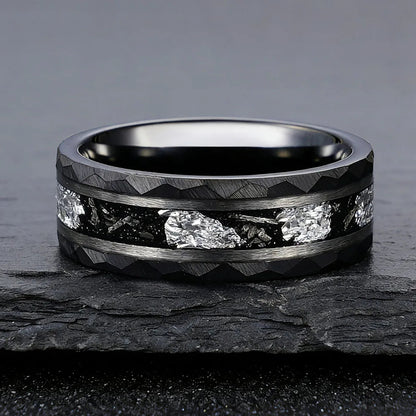 Black Hammered Tungsten Ring with Meteorite Inlay