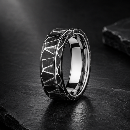 Black Hammered Tungsten Ring with Gold Groove