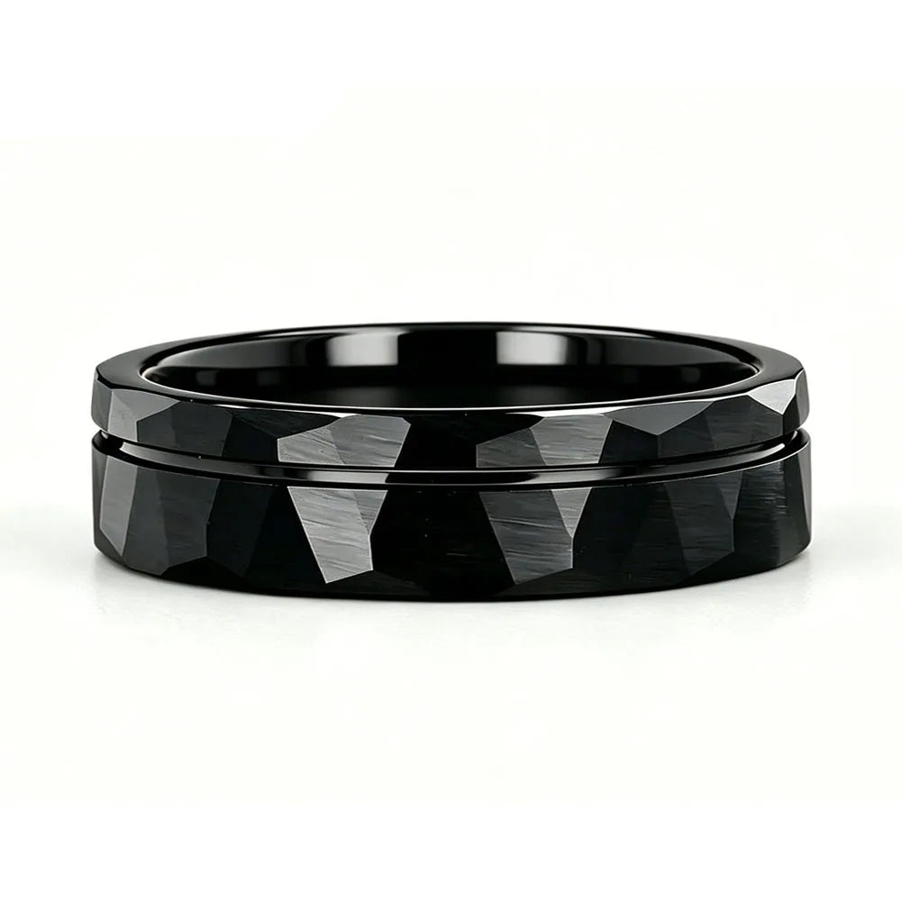 Black Hammered Tungsten Ring with Groove Line