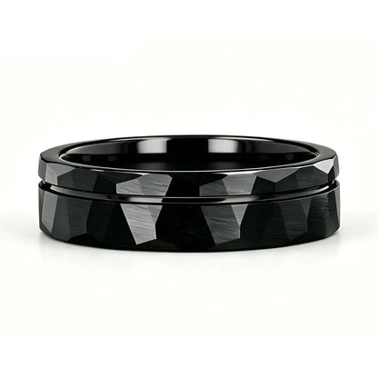 Black Hammered Tungsten Ring with Groove Line