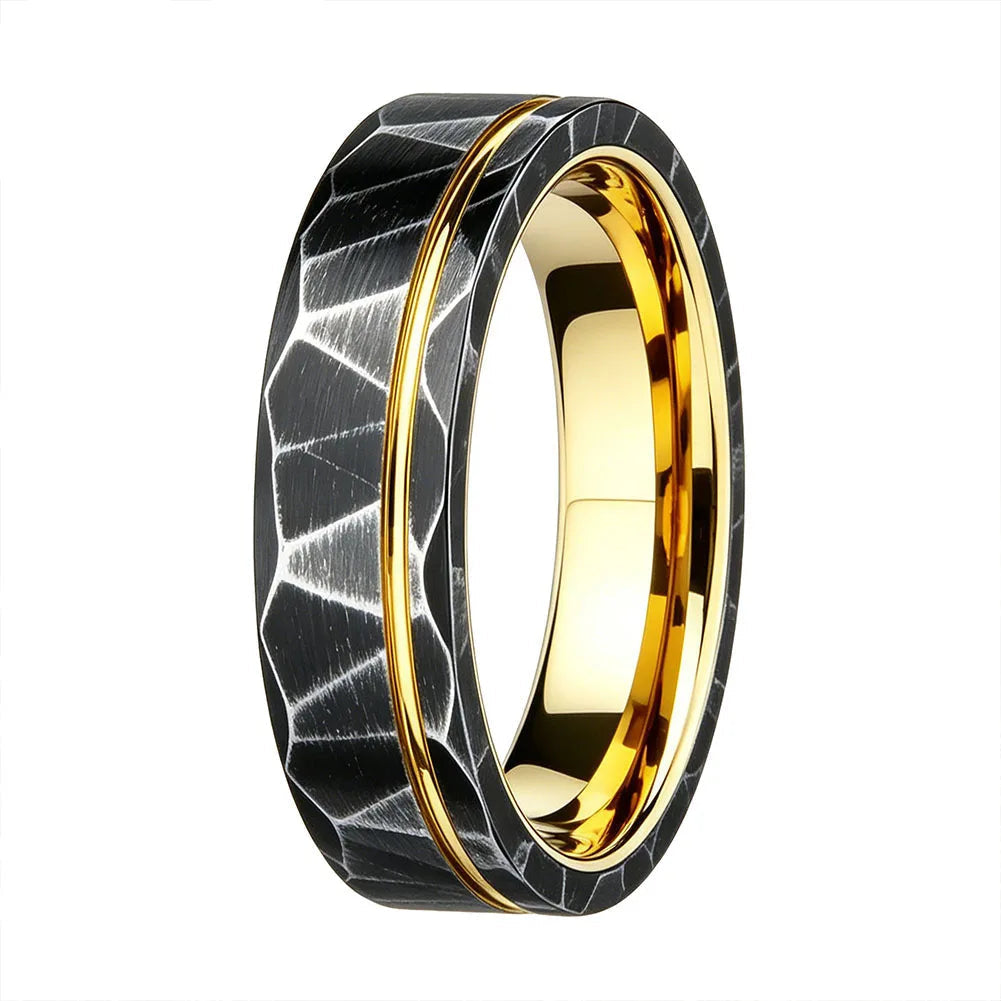 Black Hammered Tungsten Ring with Gold Groove