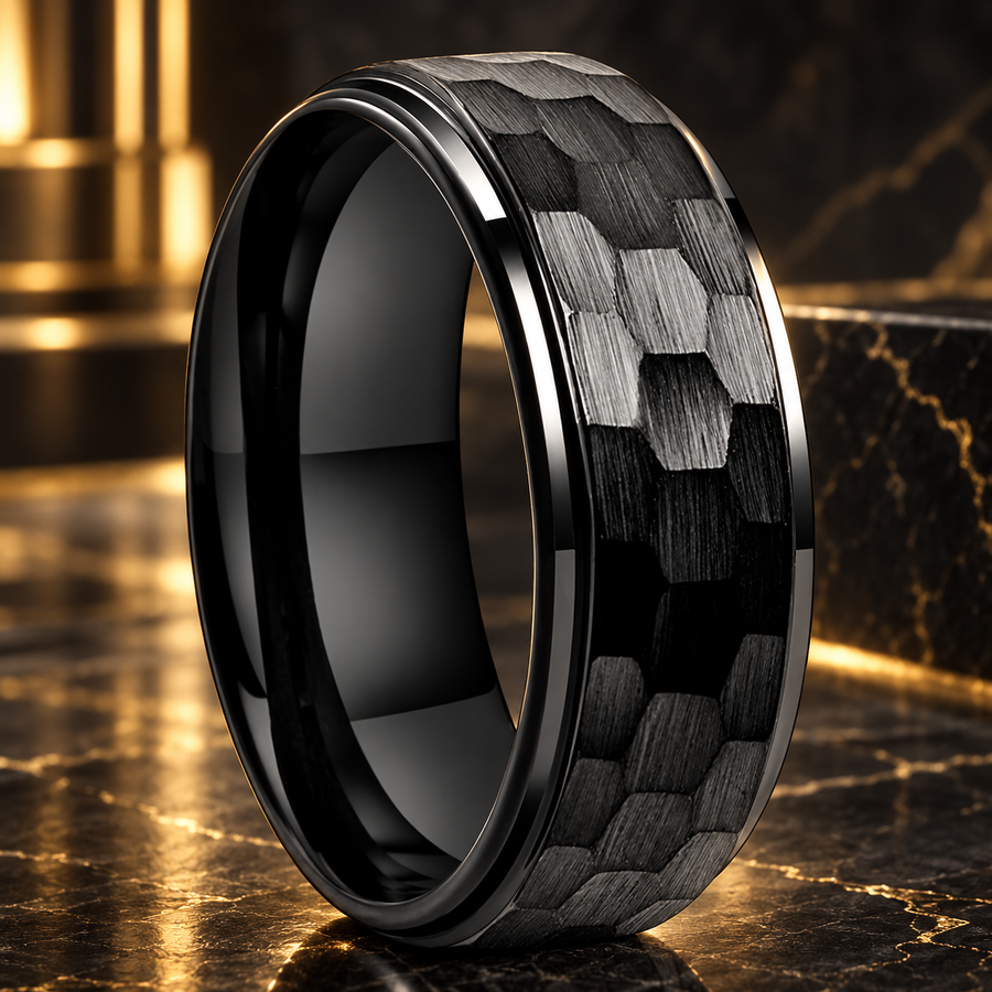 The Forgemark — Black Hammered Tungsten Ring