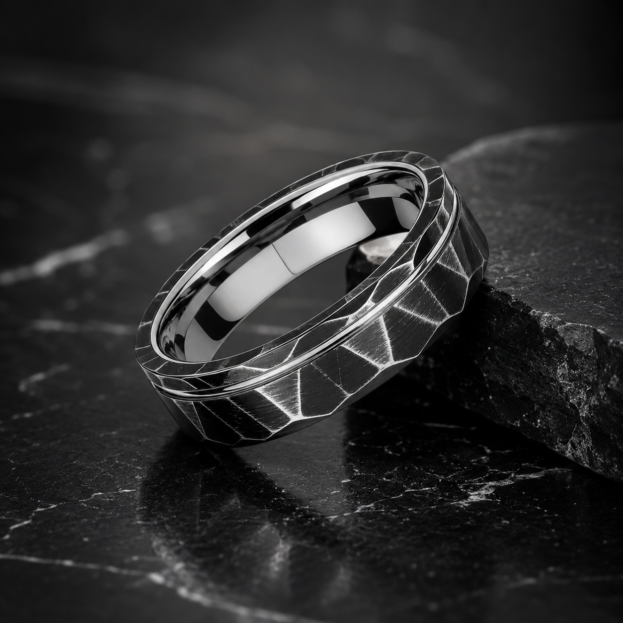 Black Hammered Tungsten Ring with Gold Groove