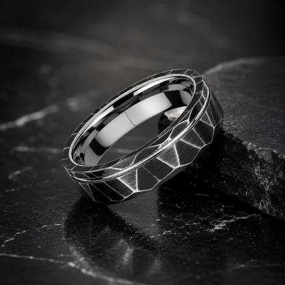 Black Hammered Tungsten Ring with Gold Groove