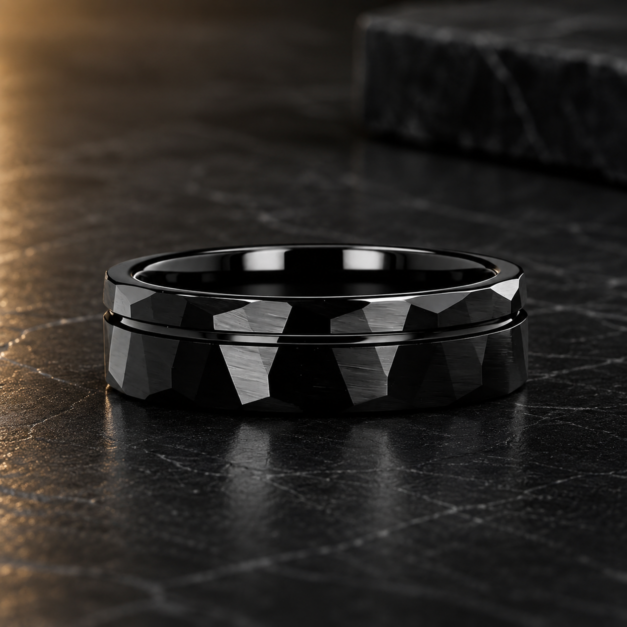 Black Hammered Tungsten Ring with Groove Line