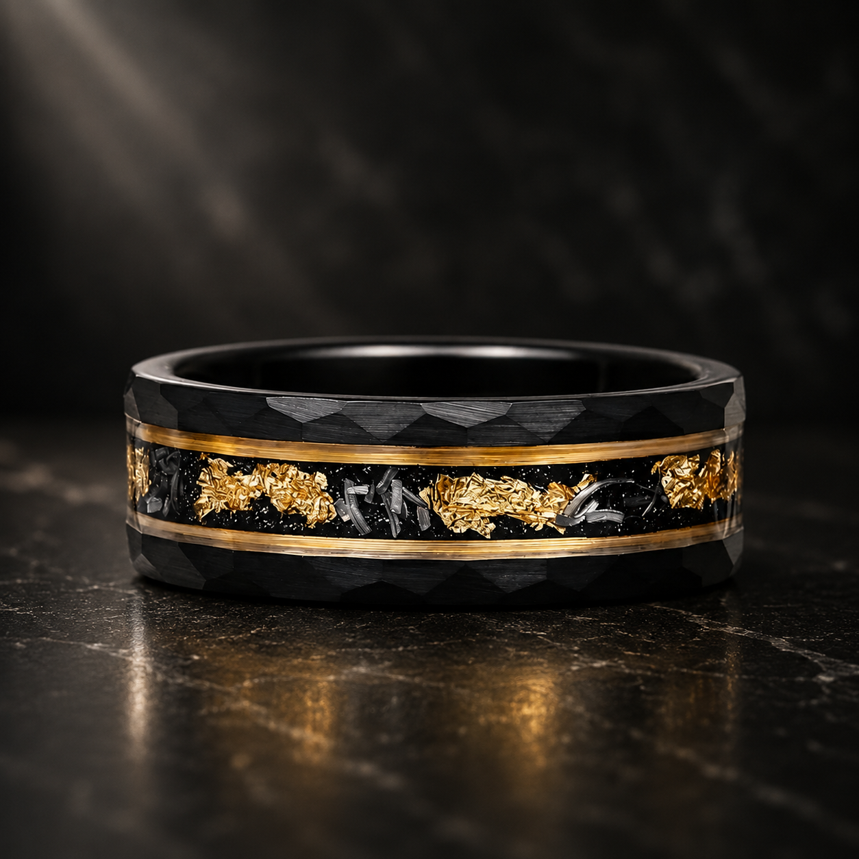 Black Hammered Tungsten Ring with Meteorite & Gold