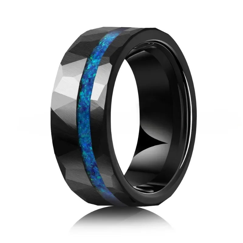Black Hammered Tungsten Ring with Blue Auburn