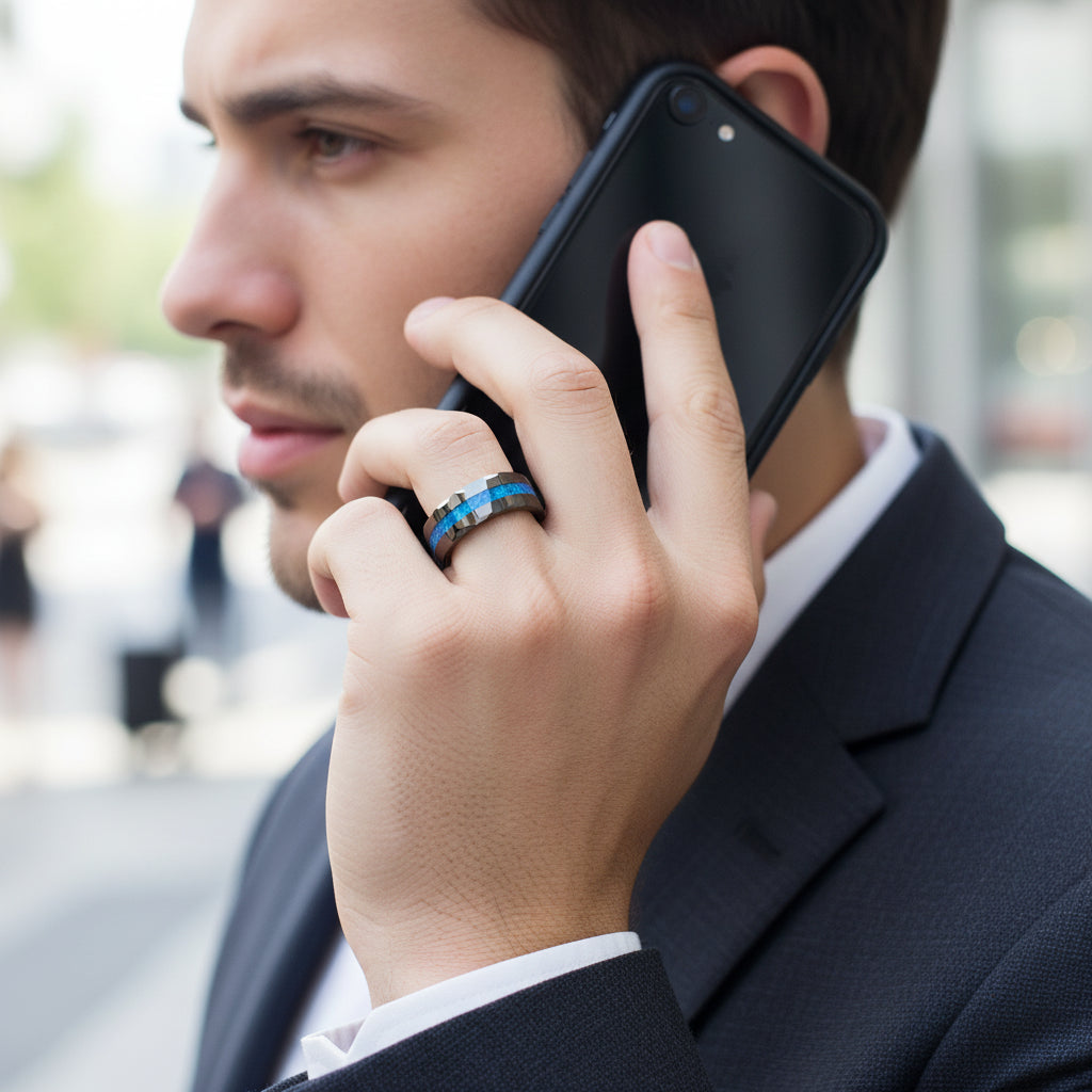 Black Hammered Tungsten Ring with Blue Auburn