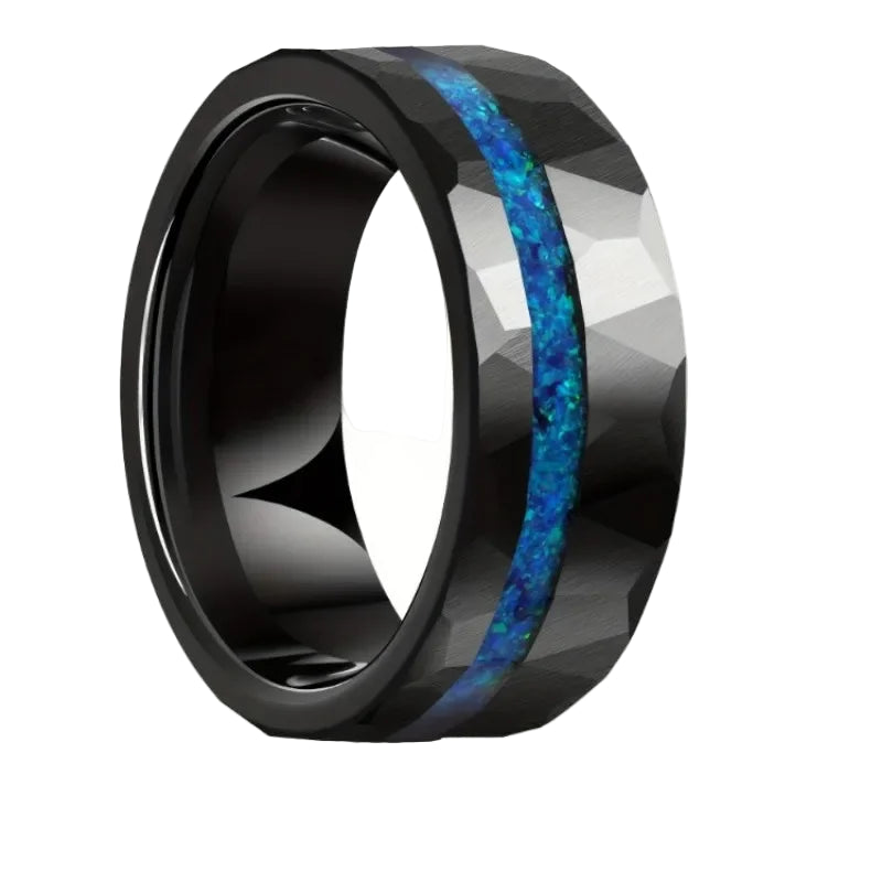 Black Hammered Tungsten Ring with Blue Auburn