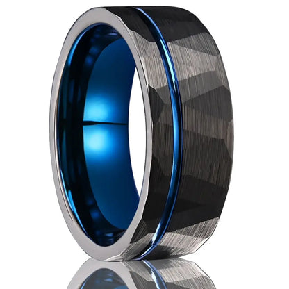 Black Hammered Tungsten Ring with Blue Inlay (8mm)