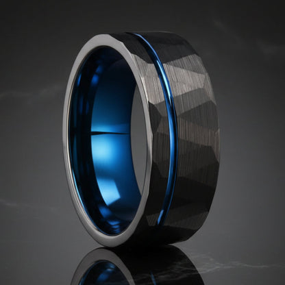 Black Hammered Tungsten Ring with Blue Inlay (8mm)