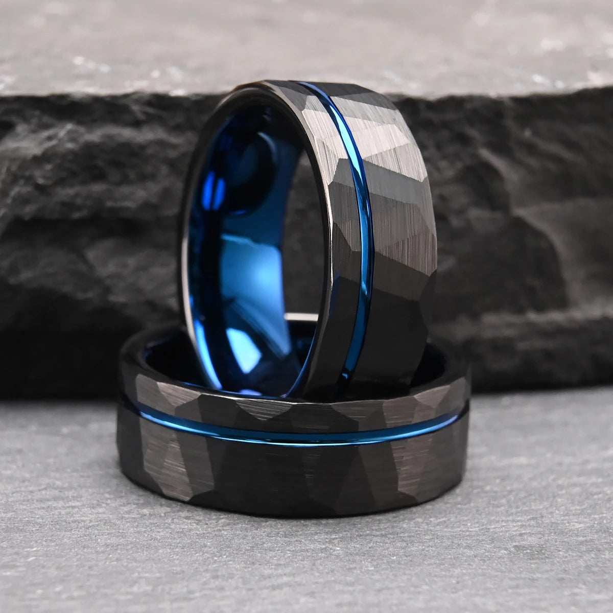 Black Hammered Tungsten Ring with Blue Inlay (8mm)