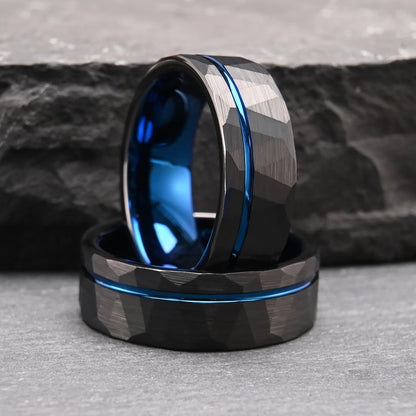 Black Hammered Tungsten Ring with Blue Inlay (8mm)