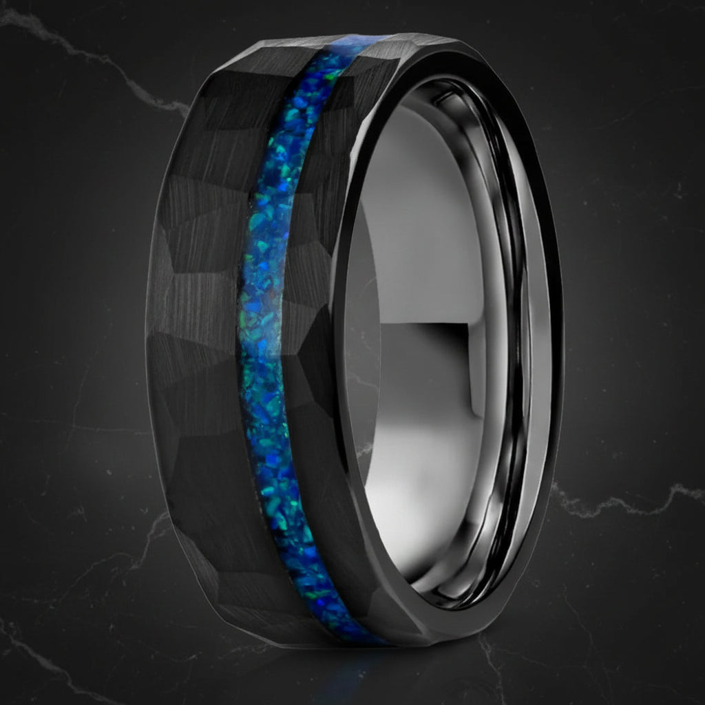 Black Hammered Tungsten Ring with Blue Opal Inlay