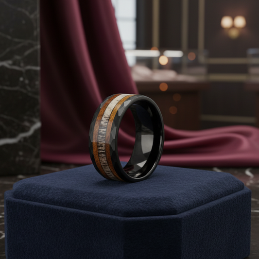 8mm_Black_Hammered_Tungsten_Ring_with_Deer_Antler_Inlay