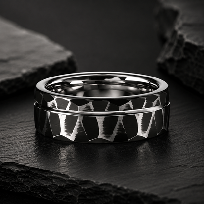 Black Hammered Tungsten Ring with Gold Groove
