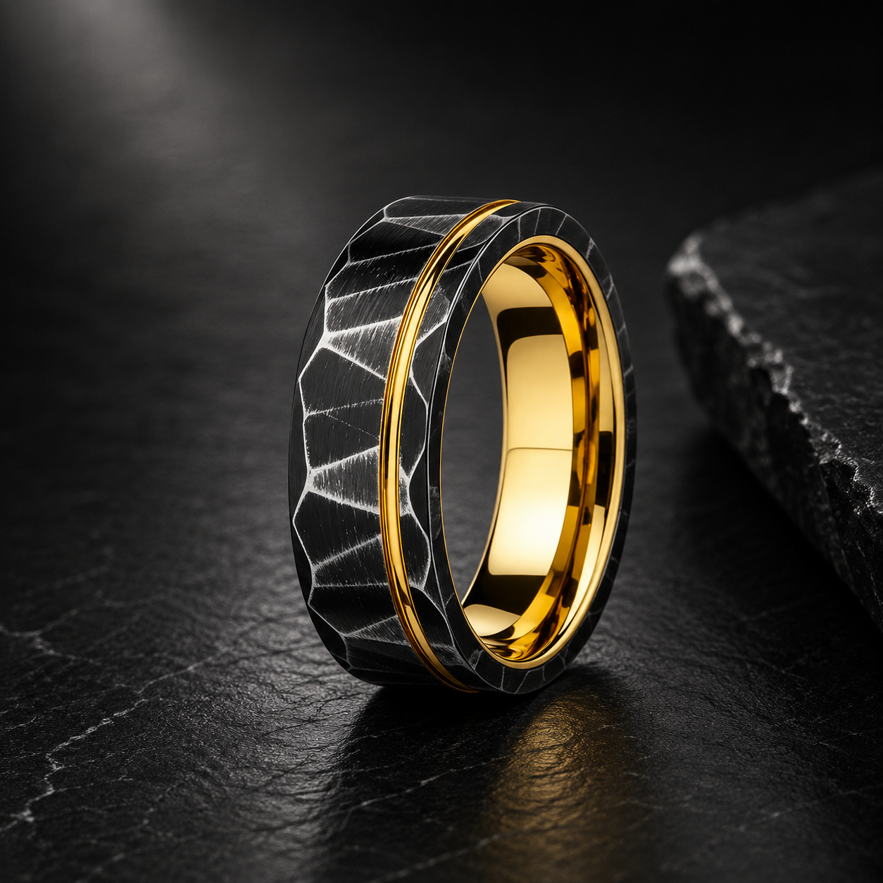 Black Hammered Tungsten Ring with Gold Groove