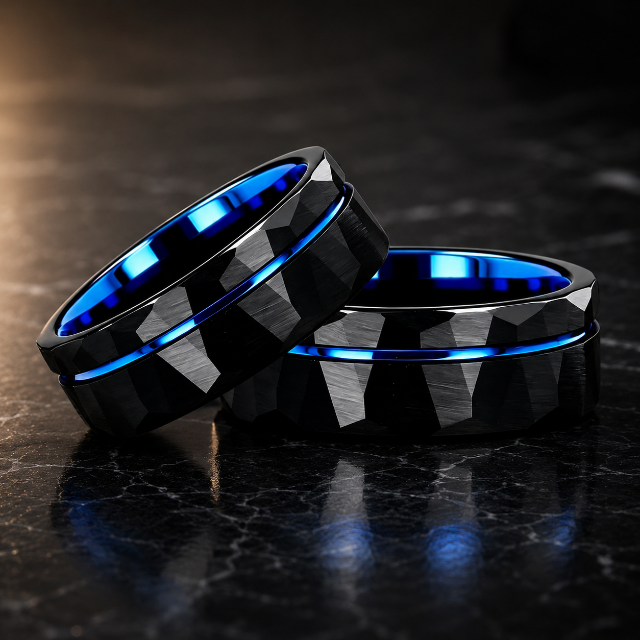 Black Hammered Tungsten Ring with Groove Line