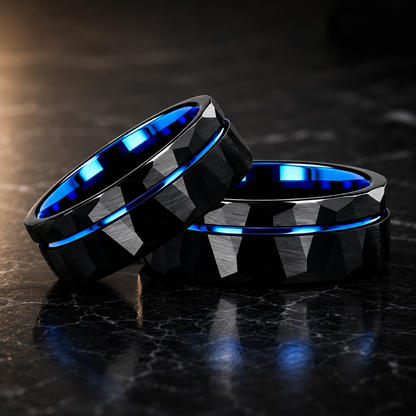 Black Hammered Tungsten Ring with Groove Line