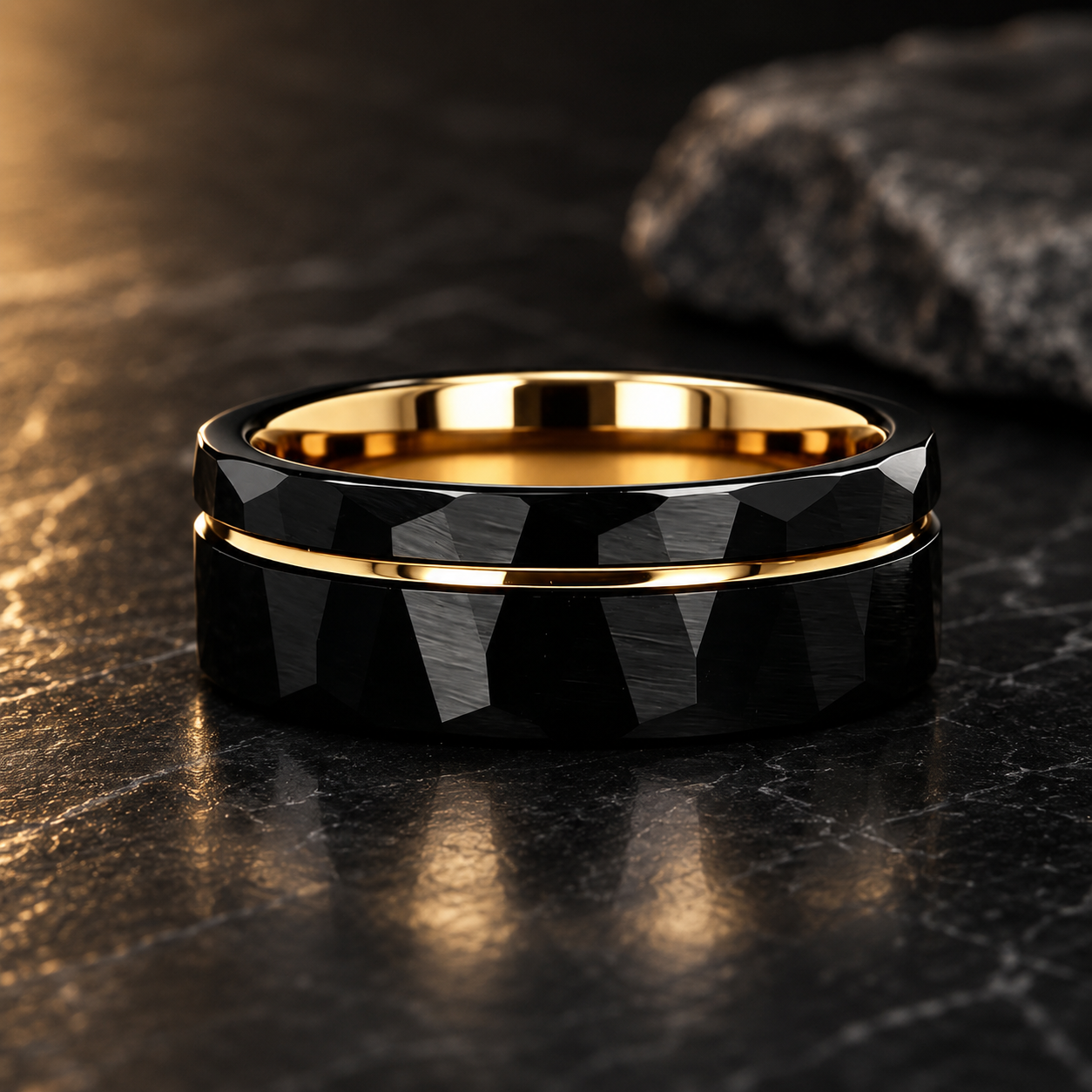 Black Hammered Tungsten Ring with Groove Line