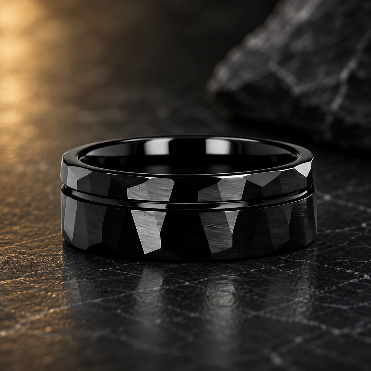 Black Hammered Tungsten Ring with Groove Line