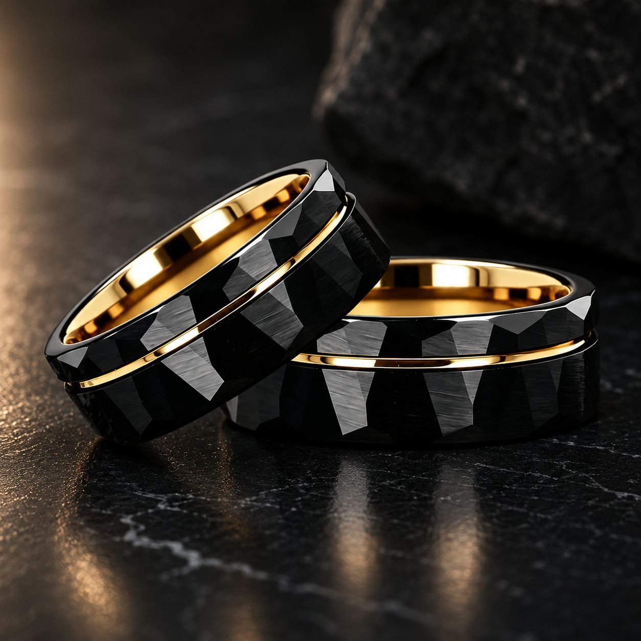 Black Hammered Tungsten Ring with Groove Line