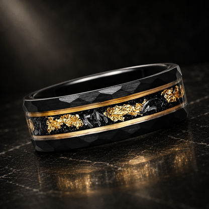 Black Hammered Tungsten Ring with Meteorite & Gold