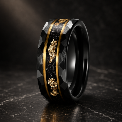 Black Hammered Tungsten Ring with Meteorite