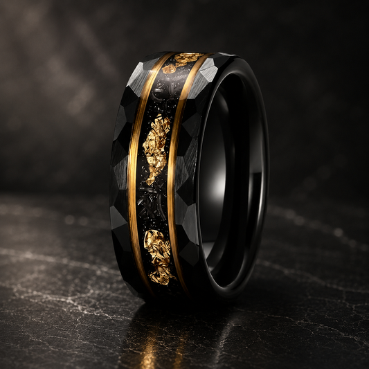 Black Hammered Tungsten Ring with Meteorite & Gold