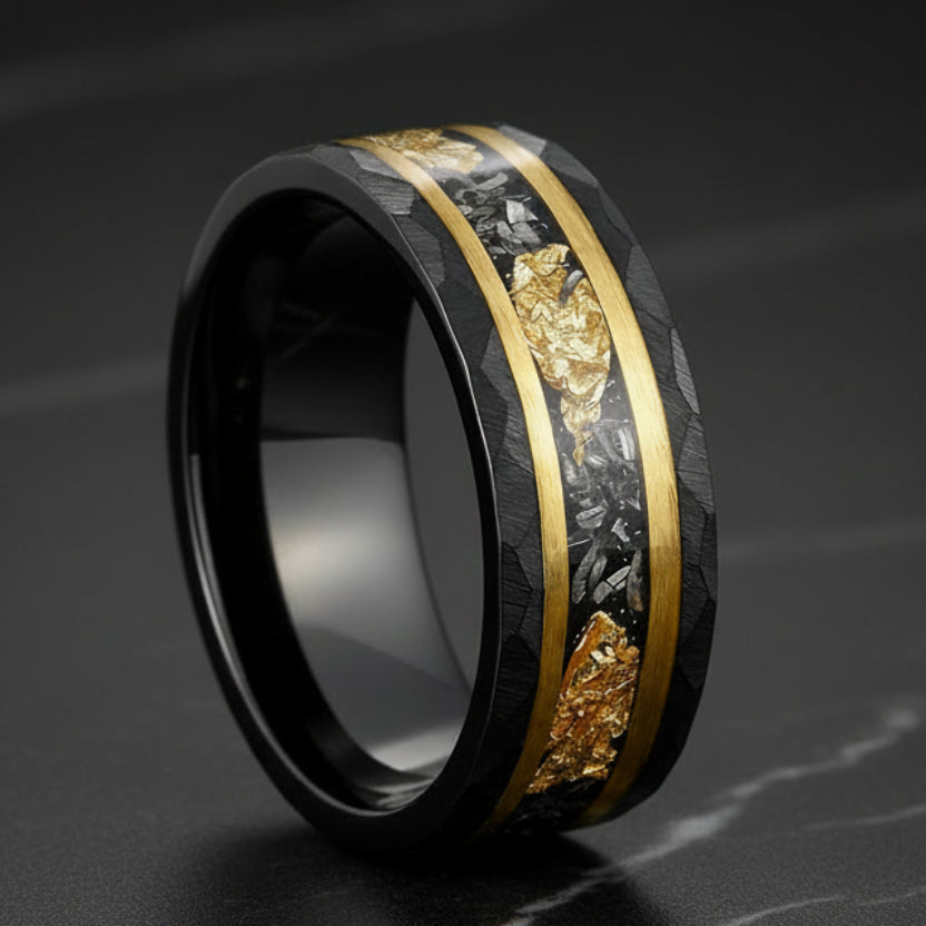Black Hammered Tungsten Ring with Meteorite Inlay