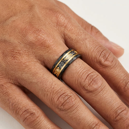 Black Hammered Tungsten Ring with Meteorite Style Inlay