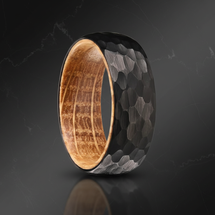 Black Hammered Whiskey Barrel Ring – Men’s 8mm Band