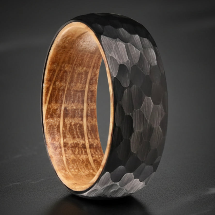 Black Hammered Whiskey Barrel Ring – Men’s 8mm Band