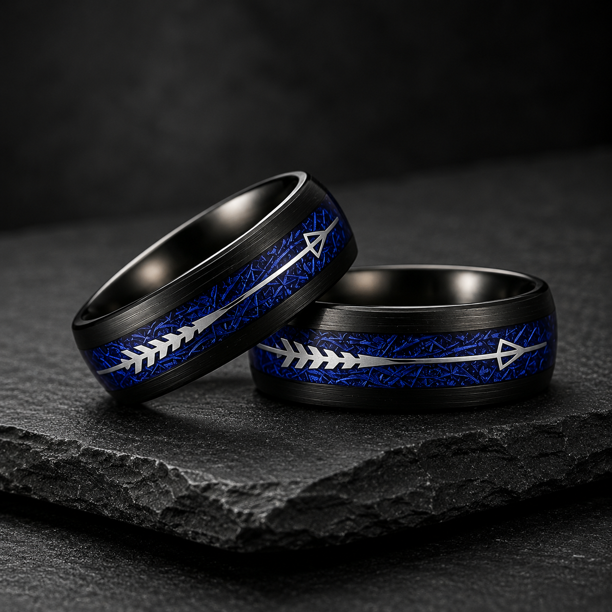 Black Tungsten Arrow Ring with Blue Meteorite Inlay