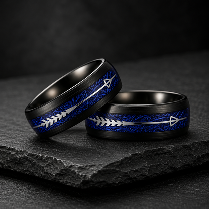 Black Tungsten Arrow Ring with Blue Meteorite Inlay